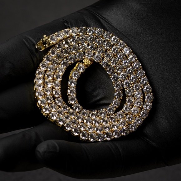 14k Gold Plated 925 Sterling Mens Round Pointer Iced Cz Tennis Chain Necklace